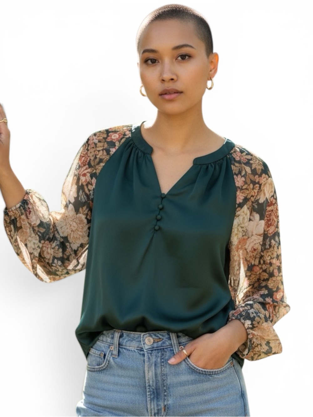 Umgee - Beautiful Forest Green and Floral Women's Blouse
